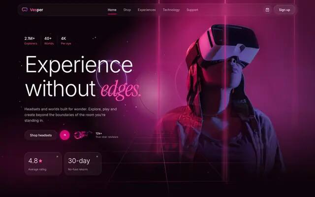 Vesper three.js neon hero screenshot